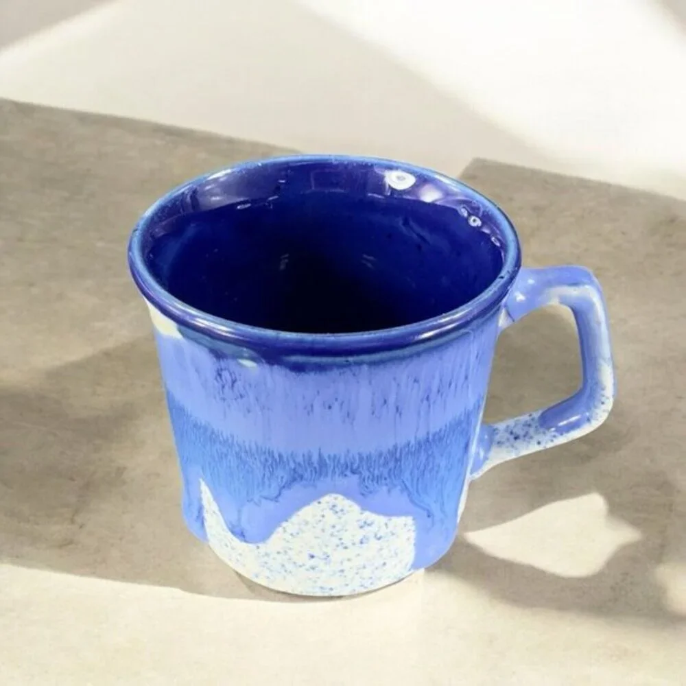 Vintage 1980s Blue Drip‎ Glaze Pottery Coffee Mug Cup Set 2 Hand Made Stoneware